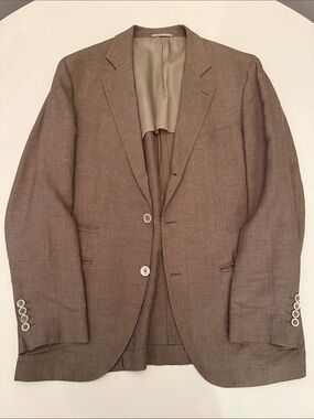 Brunello Cucinelli Linen Wool Silk Summer Houndstooth Jacket. Tan/Brown